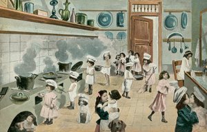 キッチンで調理する少女たち（カラー写真） 作： English Photographer