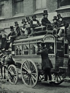 乗客を乗せたロンドンブリッジ鉄道の馬が引くオムニバス、1880 作： English Photographer