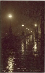 雨の夜のロンドン、エンバンクメント（モノクロ写真） 作： English Photographer