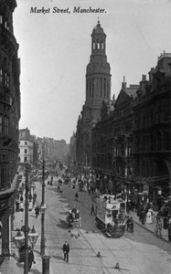 マーケットストリート、マンチェスター、c.1910（bw写真） 作： English Photographer