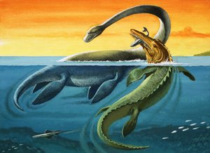 海の中の先史時代の生き物たち（紙にグワッシュ）