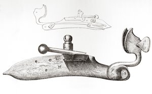 17世紀の火縄銃。 The British Army: Its Origins, Progress and Equipment、1868 年発行のハンドヘルド銃器を発射するために使用されるメカニズムまたはロック。