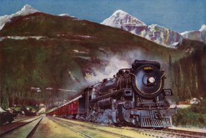 カナダ・ロッキー山脈の麓に佇むカナディアン・パシフィック鉄道の2-10-4型蒸気機関車（カラーリトグラフ 作： English School