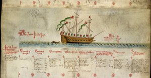 [3rd ship on roll] 「The Harte」、乗組員と武装の詳細 (「The Anthony Roll」より) 作： English School