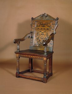 1600年代半ばのチャールズ1世の肘掛け椅子（寄木細工の象眼細工のオーク） 作： English School
