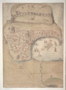 スカボローの町と城の着色された平面図または鳥瞰図 作： English School