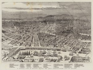 アイルランドの主要製造都市であるアルスター州ベルファストの全景（エングレービング 作： English School