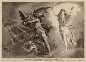 新年への希望、戦争の悪魔を追い払う平和の精神（エングレーヴィング） 作： English School
