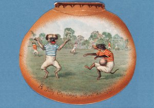 怒りのない陽気なクリスマス！、犬同士のサッカーの試合を描いたクリスマスカード、1890年代 作： English School