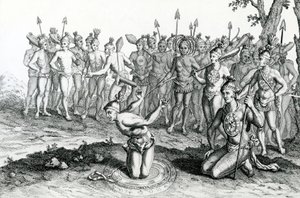 フロリダのキング、バトルに行く前に彼のマジシャンに相談しました。ムーアの航海と旅行、1778年から取られたイラスト 作： English School