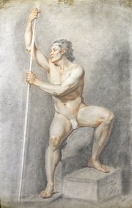 スタッフを抱える男性のヌード、1770年頃（紙に色チョーク）
