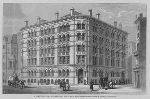 ポートランド・ストリートにあるマンチェスターの倉庫、Messrs Clegg and Knowles, Architects.The Builderのイラスト 作： English School
