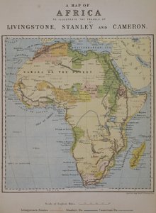 デイヴィッド・リヴィングストン（1813-73）、ヘンリー・モートン・スタンレー（1841-1904）、バーニー・ロヴェット・キャメロン（1844-94）の旅を説明するアフリカの地図