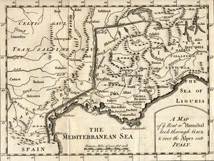 ハンニバルがガウルを通り、アルプスを越えてイタリアに至るルートの地図