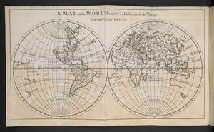 ロビンソン・クルーソーの航海が描かれた世界地図 作： English School