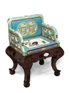 ミントンマジョリカの耽美運動ターコイズとシーフォームグリーンのグラウンドアームチェア、1865年頃 作： English School