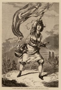 現代のジャンヌ・ダルク、トゥールで軍隊を鼓舞するフランスの少女（エングレーヴィング） 作： English School