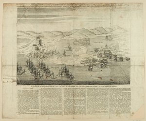 1739年の町、港、カルタヘナの砦の遠近法案、1741年発行（線画） 作： English School