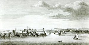 1818年にイギリス海軍の将校が描いた絵からピエールチャールズカノが彫刻した、海からのモロ城とハバナの街の展望 作： English School