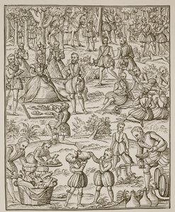 ロイヤルピクニック、Noven Art of Venerie and Hunting、George Turberville作のプレート、1575年（セピア写真） 作： English School