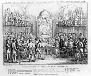 キャロライン女王陛下の裁判を表現した貴族院の内観のスケッチ、パブ。1820年（白黒彫刻）。 作： English School
