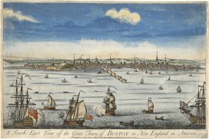 ニューイングランドのボストンの大きな町の南東の眺め、1730年頃（手彩色のエングレービング 作： English School