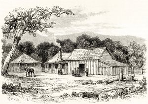 ハワードウィロビー著「オーストラリアの写真」より1880年頃の不法占拠者の駅 作： English School