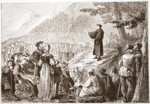 オープンフィールドで彼の群れに説教しているスイスの改革者、ジェームズエイトケンワイリー（1808-1890）によるプロテスタンティズムの歴史のイラスト、パブ。 1878