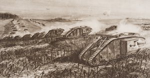 1920年に出版されたHGウェルズの「歴史の概要」第2巻によるイラスト、フランスのカンブレでのタンク攻撃 作： English School