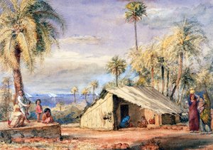 インド、ボンベイ大統領府、ナツメヤシの木立のトディ引き出し小屋（紙にトイレ） 作： English School