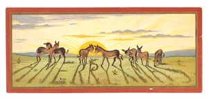1880年頃、「メリークリスマス」と書かれたロバの列から影を落とす夕日のビクトリア朝のクリスマスカード 作： English School