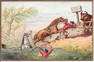 水面で暴れている馬と、騎手に引っ張られて陸に上がった馬を描いたヴィクトリア朝のクリスマスカード、1880年頃（カラーリトグラフ 作： English School