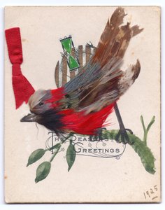 羽で作られたロビンのビクトリア朝のクリスマスカード、1925年 作： English School