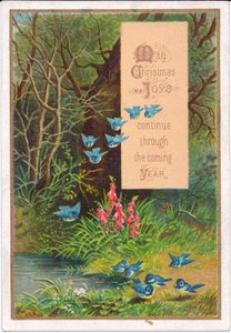 森の中の青い鳥を描いたヴィクトリア朝のクリスマスカード、1880年頃（カラーリトグラフ 作： English School