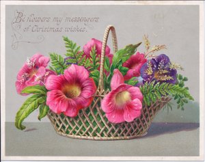 籐のバスケットに入った花を描いたヴィクトリア朝のクリスマスカード、1880年頃（カラーリトグラフ 作： English School