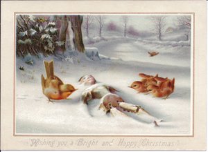 雪の中で木製の人形を見つめるロビンズを描いたヴィクトリア朝のクリスマスカード、1880年頃（カラーリトグラフ）
