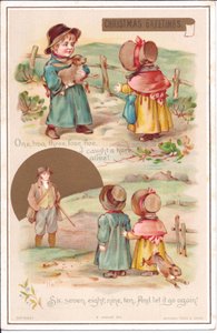 二人の子供とウサギを描いたヴィクトリア朝のクリスマスカード、1880年頃（カラーリトグラフ