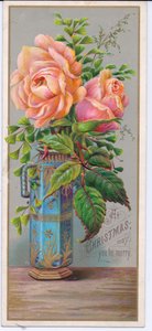 青い花瓶に入ったバラが描かれたヴィクトリア朝のクリスマスカード 1880年頃（カラーリトグラフ）