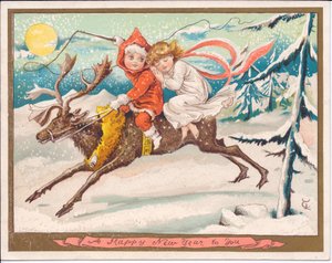 月夜の雪の夜にトナカイにまたがった妖精の女の子と男の子を描いたヴィクトリア朝のニューイヤーカード、1880年頃（カラーリトホ 作： English School