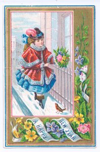 雪の中を花束を持って歩く毛皮のついたケープを着た少女のヴィクトリア朝の年賀状（1880年頃）（カラーリトグラフ