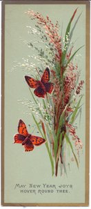 背の高い草に囲まれた2匹の蝶のビクトリア朝の年賀状、1880年頃 作： English School