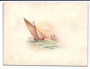 月明かりの下で帆走するヨットのあるビクトリア朝の年賀状、1895年頃 作： English School