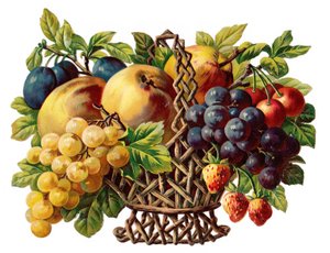 ヴィクトリア朝紙片による果物籠のレリーフ、1880年頃（カラーリトグラフ）