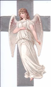 十字架の前にいる天使のヴィクトリアン・ペーパースクラップ・レリーフ 1880年頃（カラーリトグラフ）