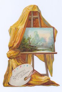 画家のイーゼルに描かれたドレープがかかった絵画のヴィクトリア朝ダイカット・シェイプカード、1880年頃（カラーリトグラフ） 作： English School