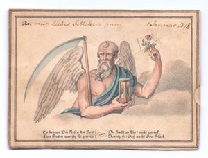 大鎌と砂時計を持った死神がバラを持っているヴィクトリア朝のグリーティングカード、1815年頃（カラーリトホ 作： English School