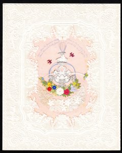 1870年頃、ヴィクトリアン・ペーパーレースで描かれた花と噴水のバレンタイン・カード（カラーリトグラフ）