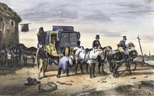 旅館の外に停まっている馬車 作： English School
