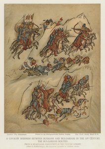 10世紀、ロシア人とブルガリア人の騎馬小競り合い（カラーリトグラフ） 作： English School