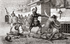 古代ローマにおける剣闘士の戦い（1882年頃、ウォードとロックの『イラストレイテッド・ヒストリー・オブ・ザ・ワールド』より 作： English School